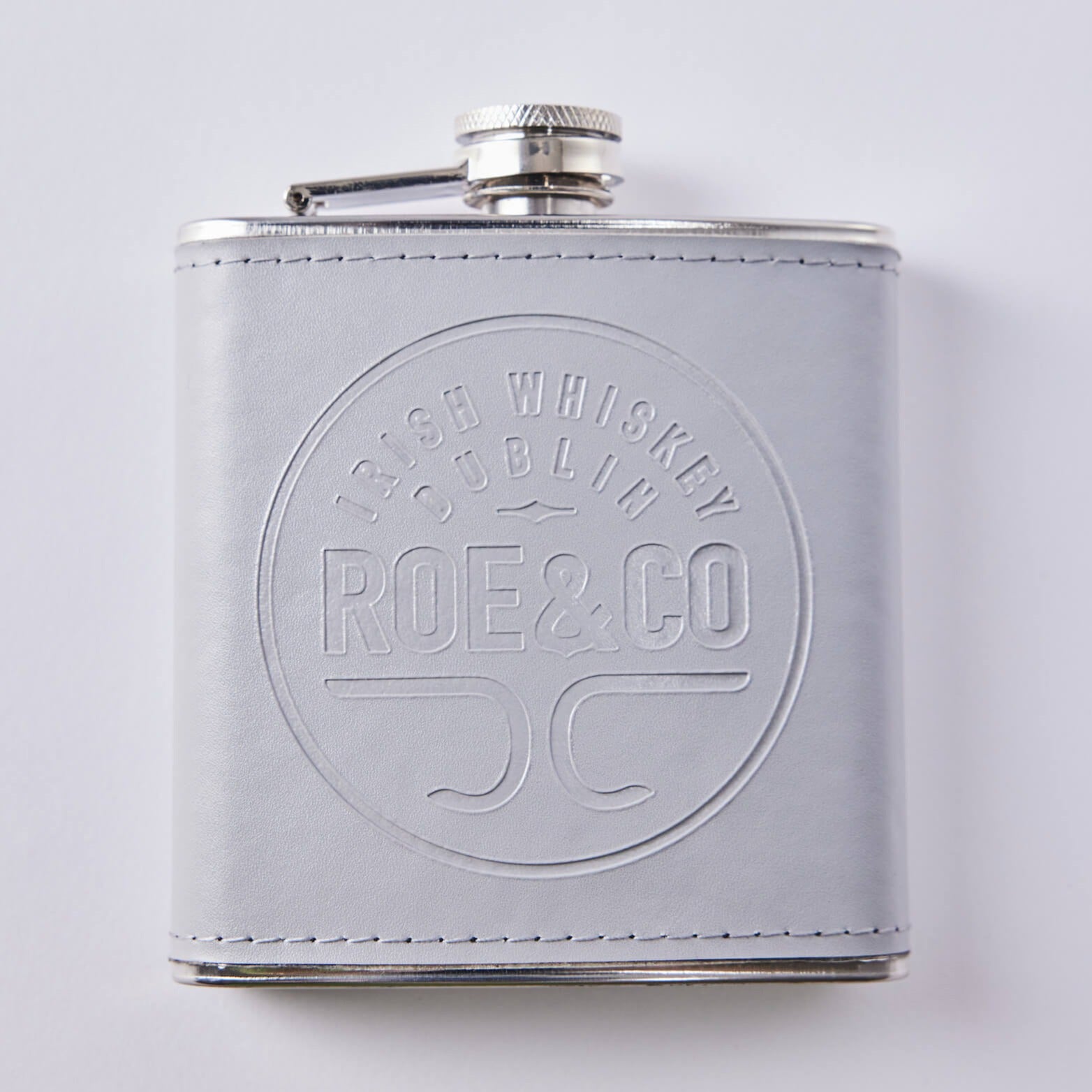 Roe &amp; Co Whiskey Steel and Leather Hip Flask